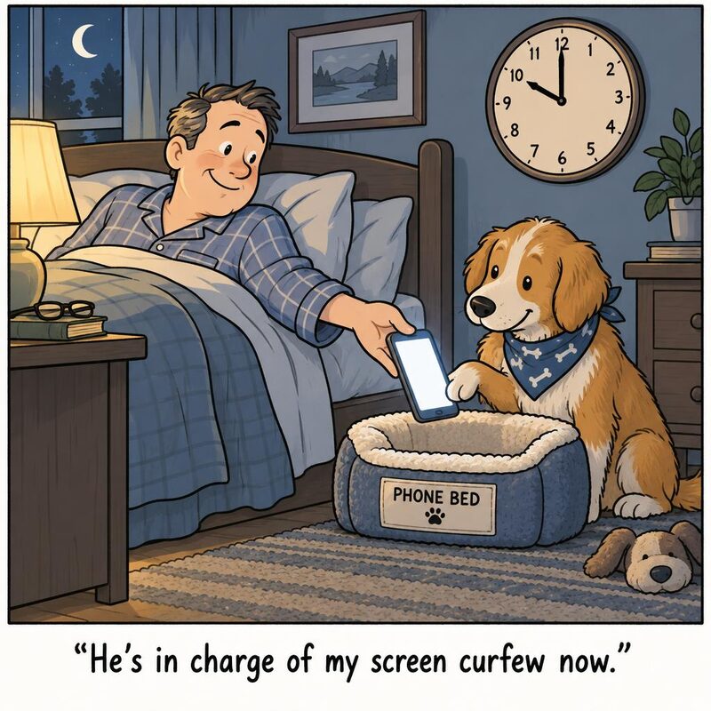Cartoon: a man in bed hands his glowing phone to his dog, who tucks it into a tiny phone bed. Caption: He is in charge of my screen curfew now.