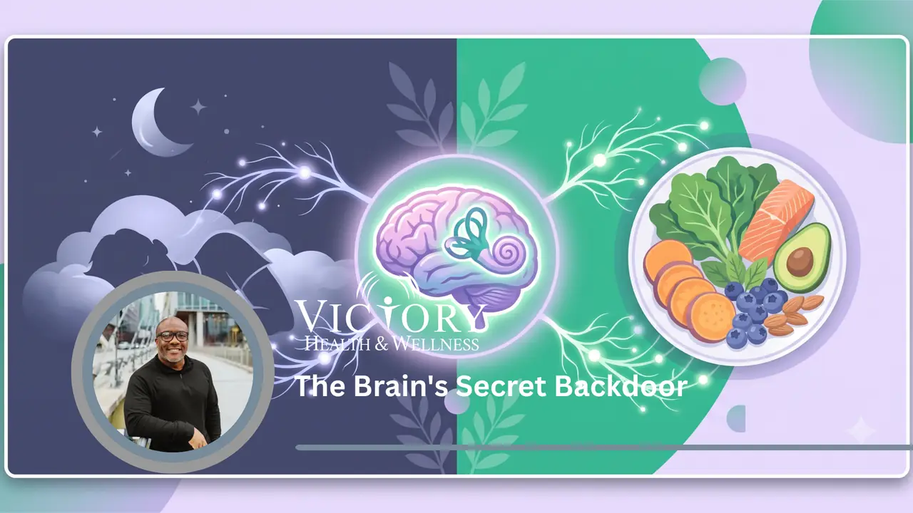 A modern wellness illustration showing a split concept: a sleeping silhouette in clouds under a night sky with a crescent moon and branching blue neural connections (left), and a colorful healthy food plate (salmon, avocado, greens) with green neural connections (right). Both connect to a central glowing human brain containing a detailed white inner ear icon.