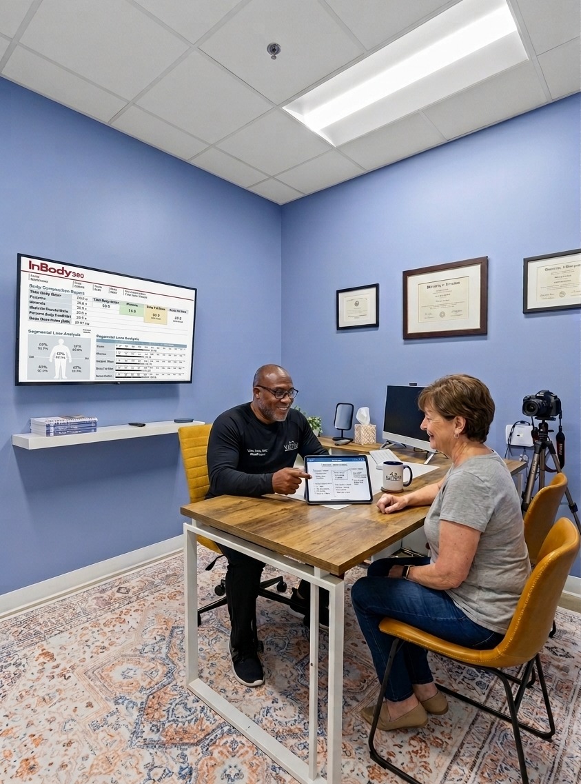 Coach Davis reviewing a personalized wellness plan with a patient at the Victory Health & Wellness clinic, with InBody body-composition results displayed on a screen in the background.