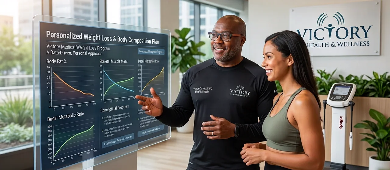 Coach Victor Davis reviewing a personalized weight-loss and body-composition plan with a client at Victory Health & Wellness in Austin