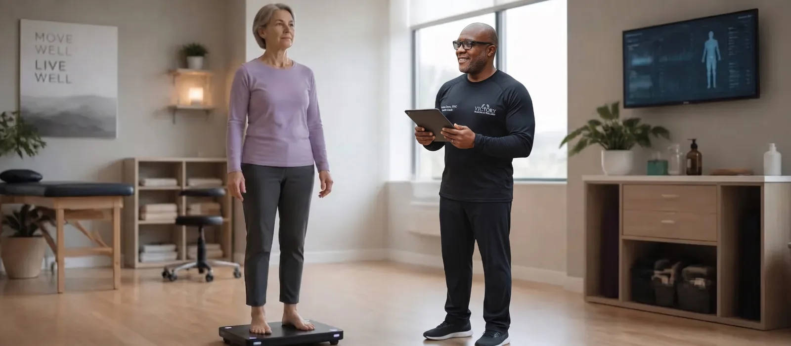 Coach Victor Davis guides a client through a balance and fall risk assessment at Victory Health & Wellness