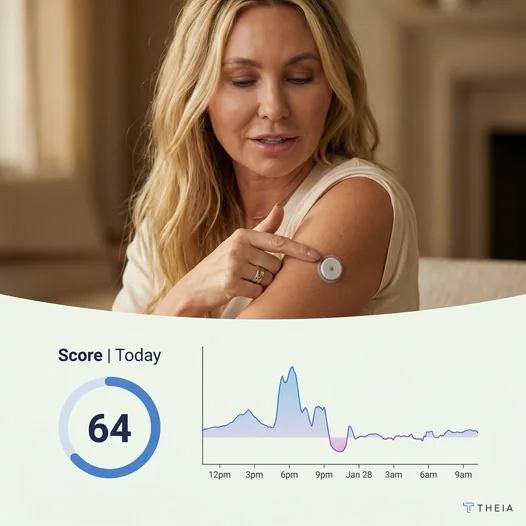 Woman applying a continuous glucose monitor sensor to her upper arm, with the companion app's daily glucose curve and score shown below