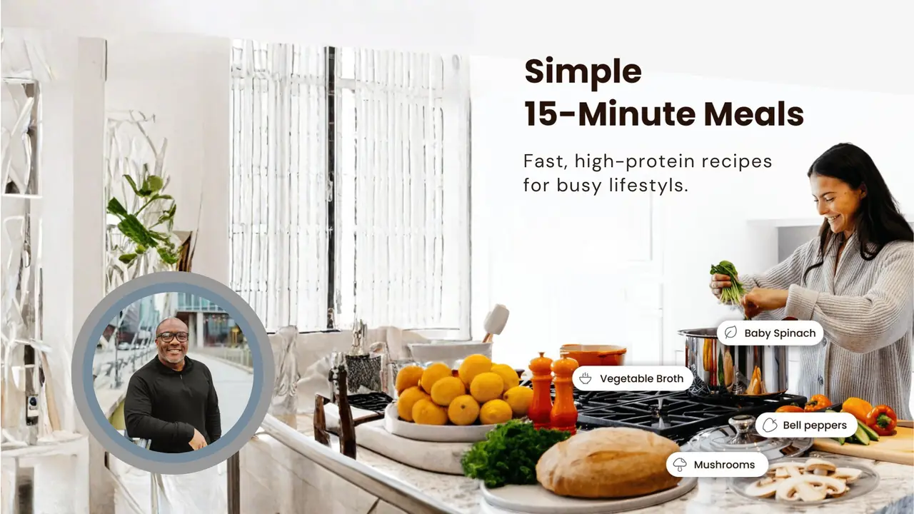 Woman preparing a healthy meal in a bright kitchen with fresh vegetables, promoting simple 15-minute high-protein meals available in the Victory Coaching App.