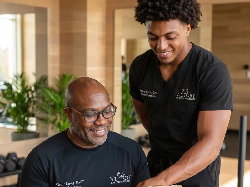 Coach Davis and a Victory fitness specialist reviewing a personalized wellness assessment and coaching plan with a client.