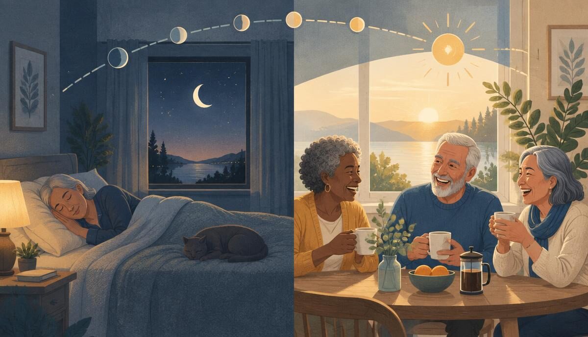 Illustration of restful sleep at night flowing into a sunny morning coffee shared with friends