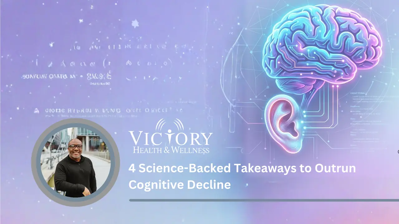 An educational infographic banner titled "Your Brain's Early Warning System: 4 Science-Backed Takeaways to Outrun Cognitive Decline." On the left side, a stylized neon-glowing illustration maps the neural connections between a human ear and a vibrant pink and blue brain. The right side features four minimal icons with descriptive labels: "Reduce Cognitive Load," "Minimize Neuroinflammation," "Lower Dementia Risk," and "Improve Focus & Memory," all set against a clean, modern gradient background.