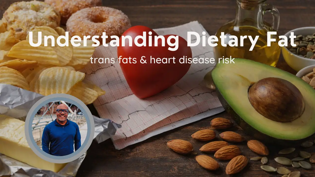 Blog cover showing processed foods like chips and donuts contrasted with avocado, olive oil, almonds, and a heart model illustrating trans fats and heart disease risk.