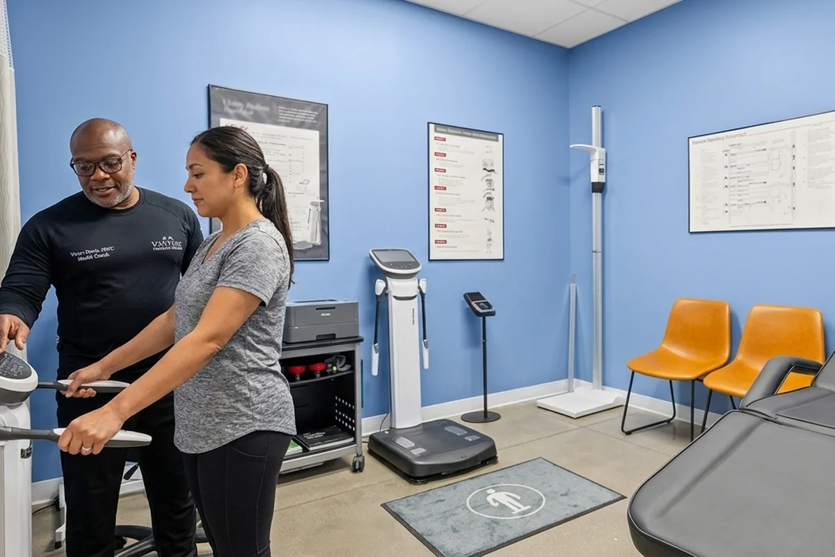 Coach Victor Davis guides a client through a body-composition assessment in the Victory Health & Wellness testing room in Austin