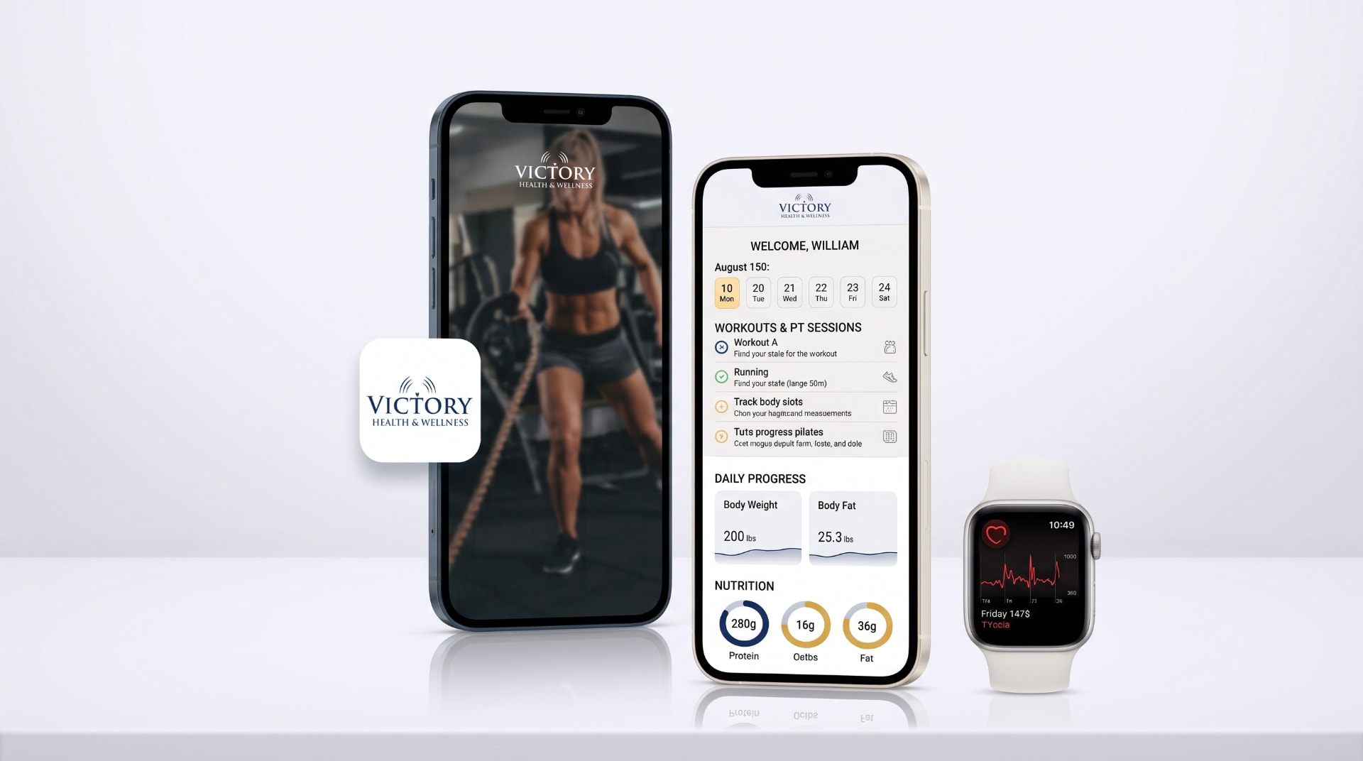 Victory Coaching App mockup showing workout scheduling, daily progress tracking, body composition, and nutrition summary on an iPhone and Apple Watch