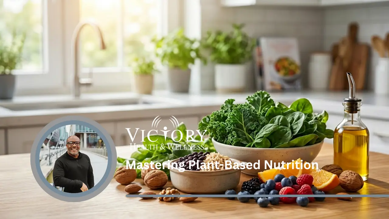 A bright, clean kitchen counter featuring an assortment of vibrant, whole plant-based foods that support brain health. In the foreground, a wooden surface holds a bowl of fresh green kale, a smaller bowl containing black beans and brown rice, a cluster of fresh berries (blueberries, raspberries, and blackberries), orange slices, a bottle of olive oil, and scattered whole walnuts and almonds. The background shows a softly blurred, sunlit kitchen with potted herbs near a window.