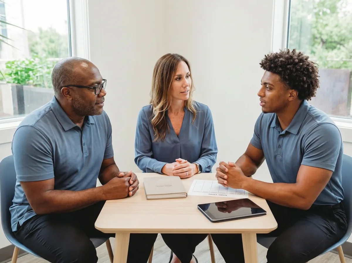 Coach Victor Davis, Dr. Jill Davis and Coach Ashton discussing lifestyle support and wellness habits during hormonal transitions