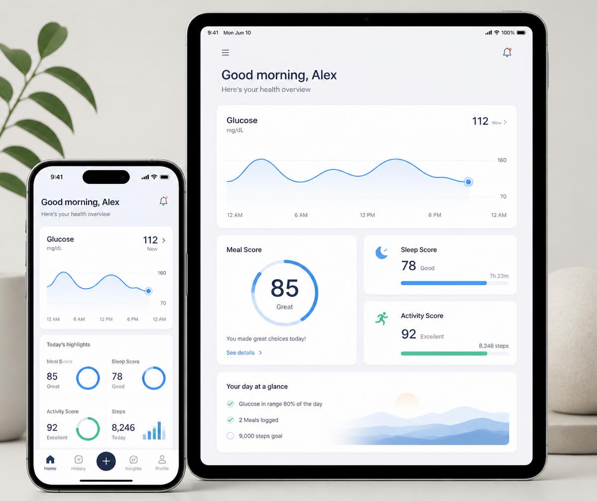 Glucose curve, meal score, sleep and activity dashboards on phone and tablet