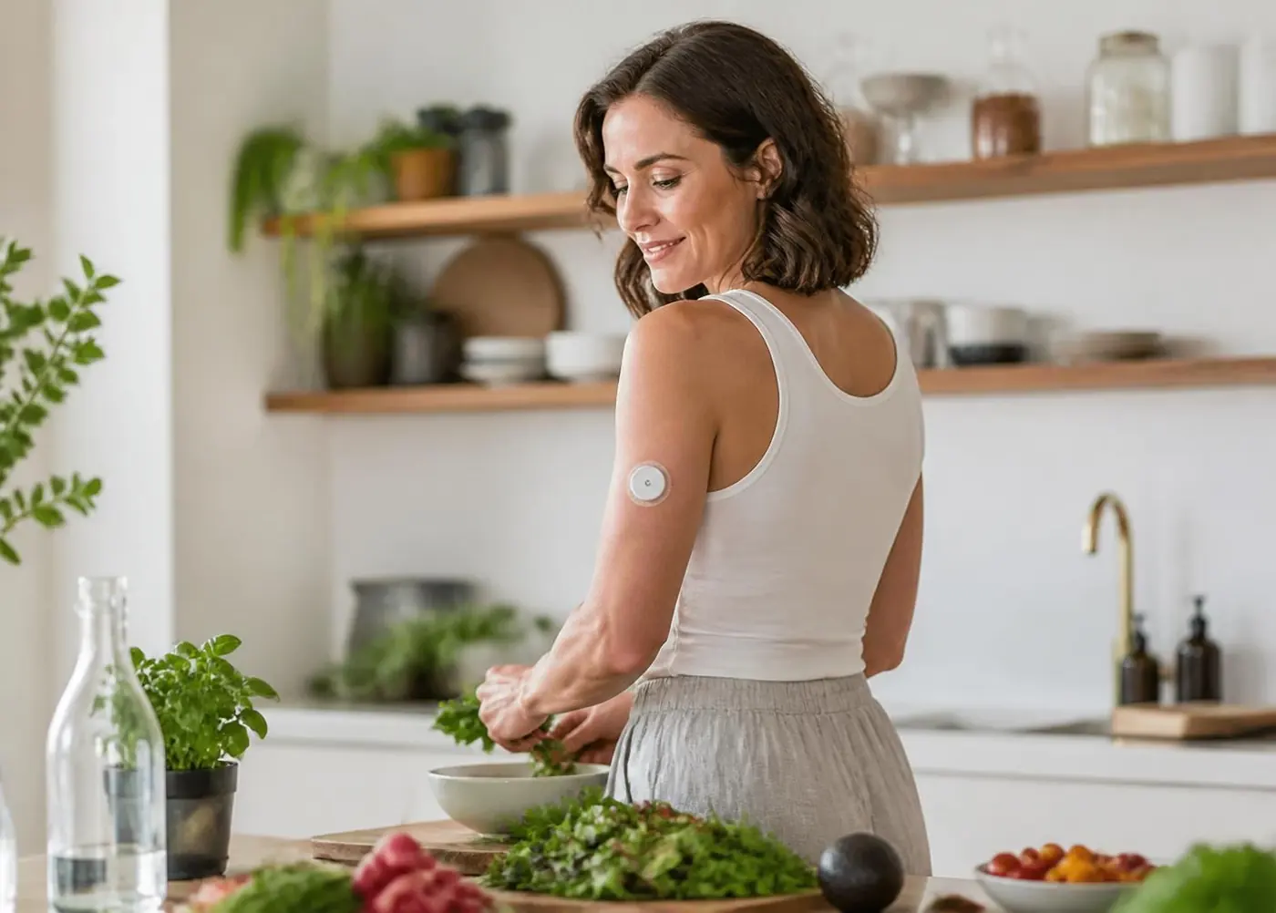 Adult wearing a continuous glucose monitor while preparing a nutritious meal