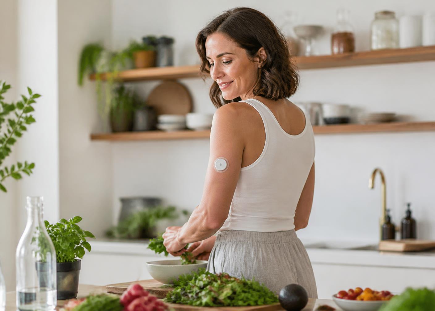 Adult wearing a continuous glucose monitor while preparing a nutritious meal