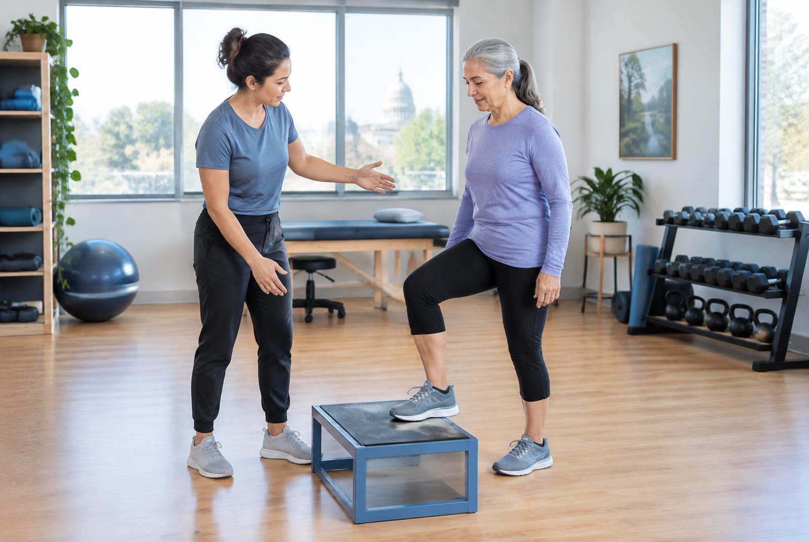 Movement coach guiding an older adult through a controlled step-up and balance exercise