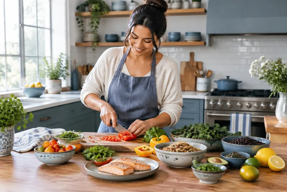 Healthy meal prep with vegetables and lean protein during a nutrition coaching session