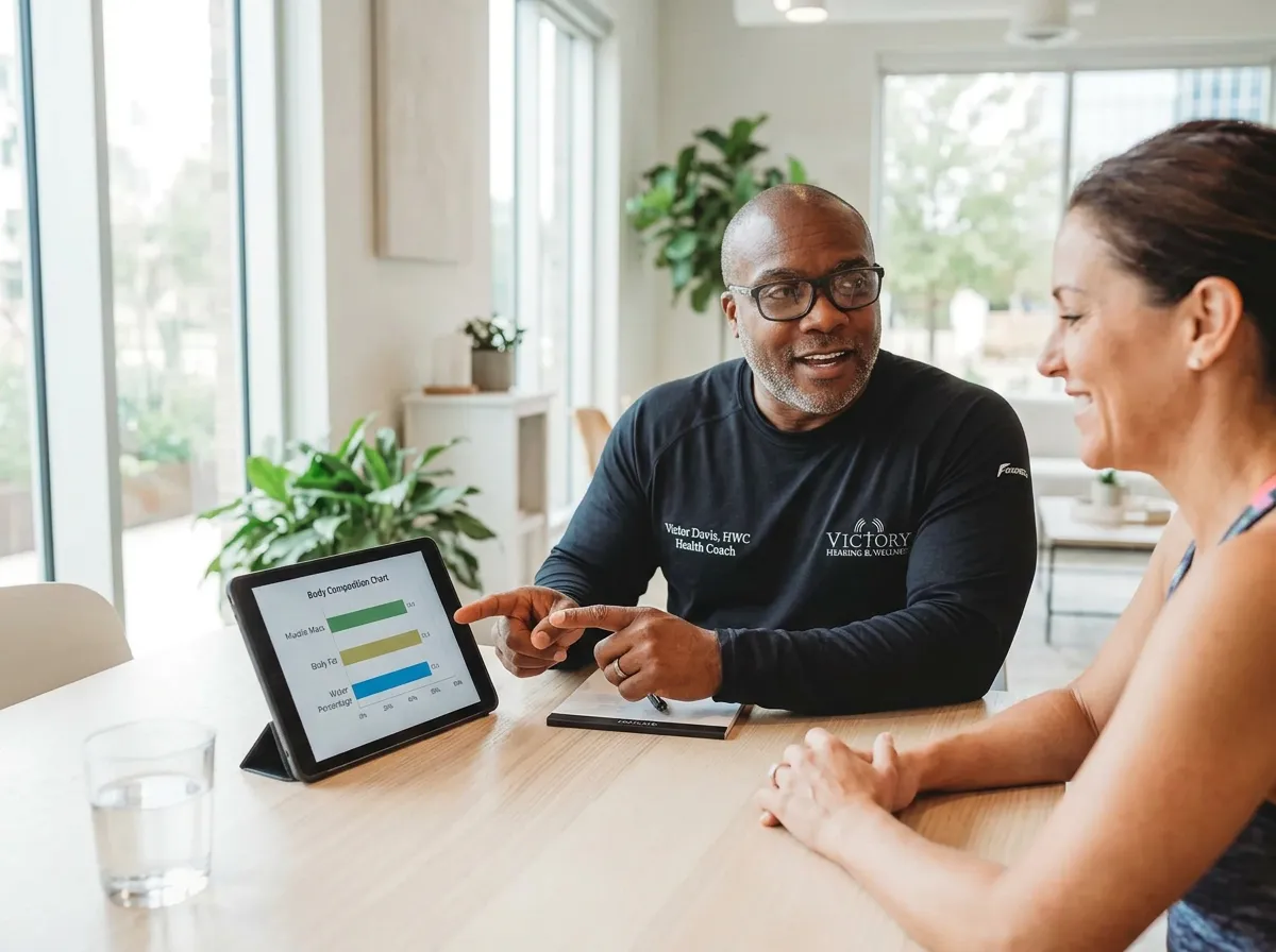 Coach Davis seated with a client reviewing a wellness roadmap and body-composition results on a tablet