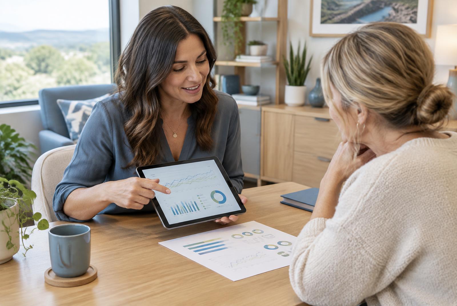 Health coach reviewing wellness testing trends with a client