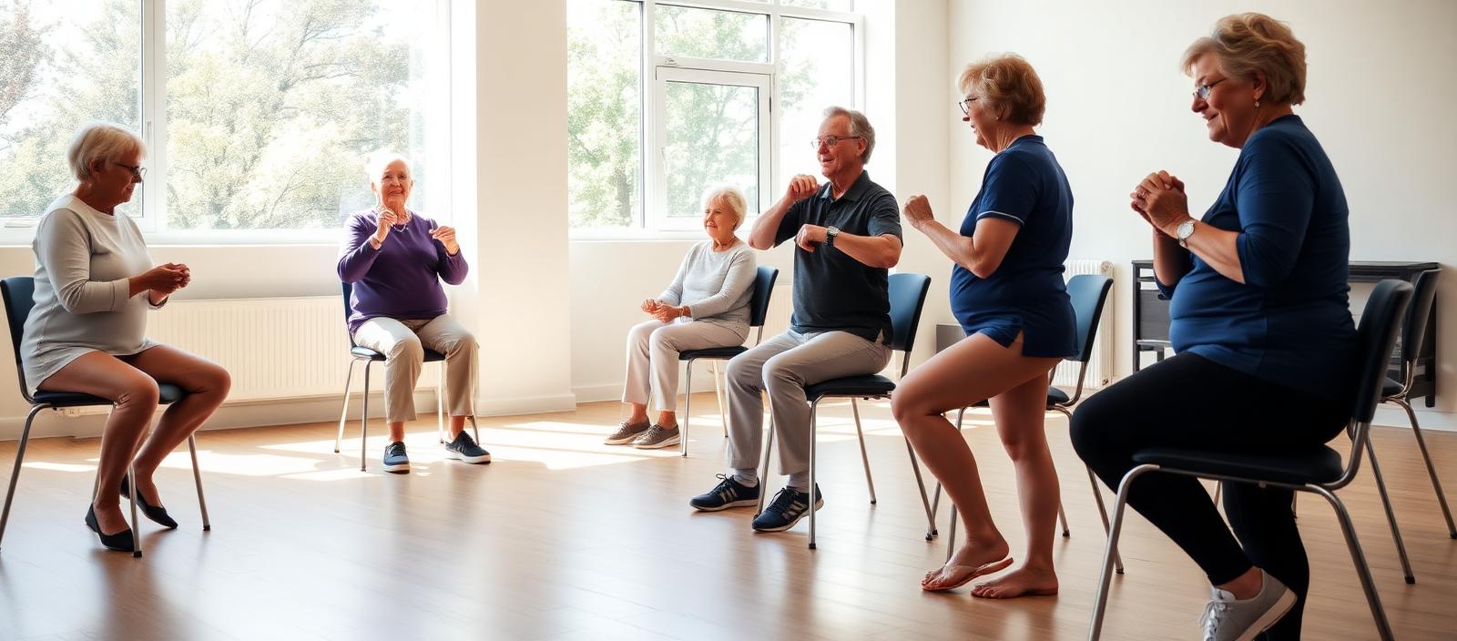Older adults taking part in a chair-based SilverSneakers group fitness class