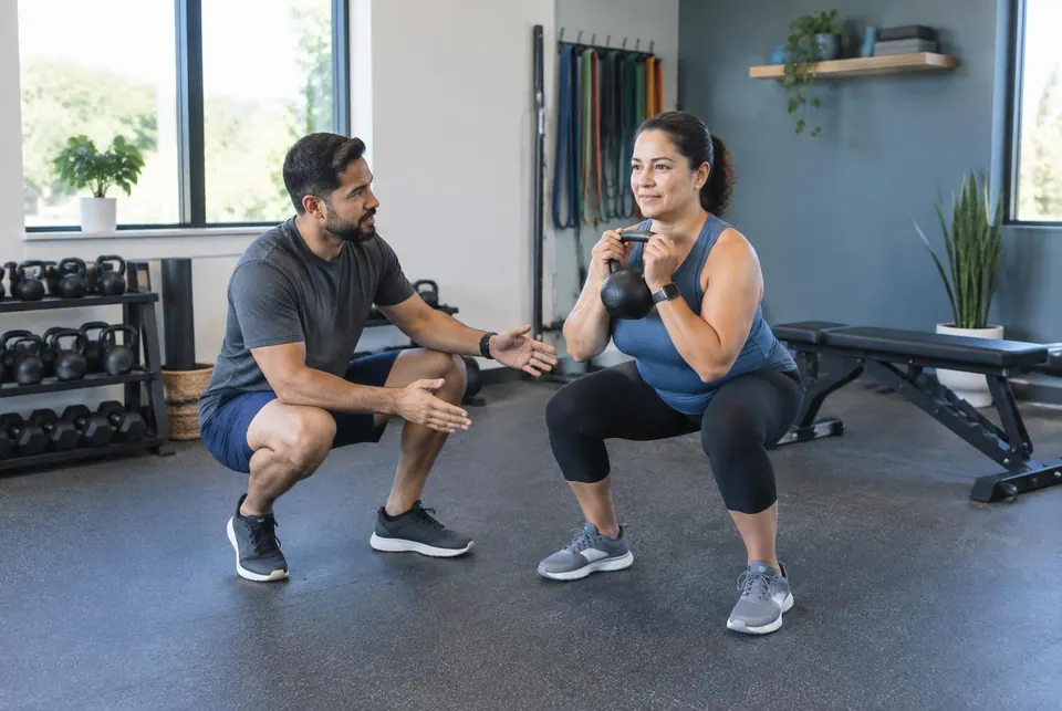 Coach guiding an adult through a strength exercise in a bright fitness studio