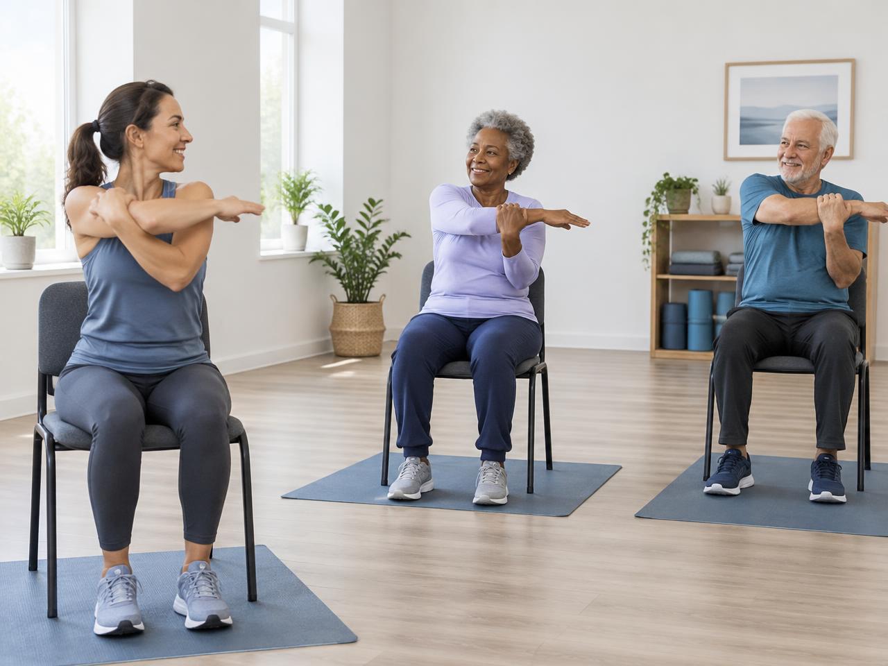 Adults practicing a gentle seated stretch with chair support in a bright studio