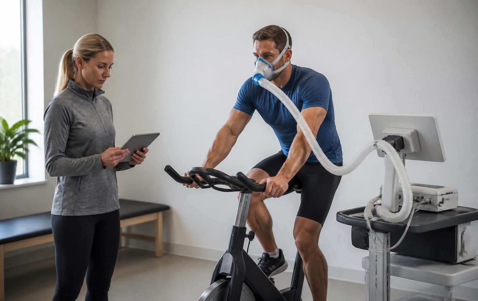 Client completing an active PNOĒ VO2 Max breath analysis test with a Victory Health & Wellness coach