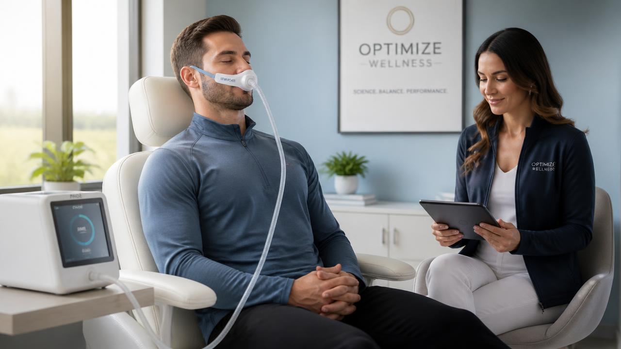 Client relaxed during a PNOĒ resting metabolic rate breath test with a Victory Health & Wellness coach