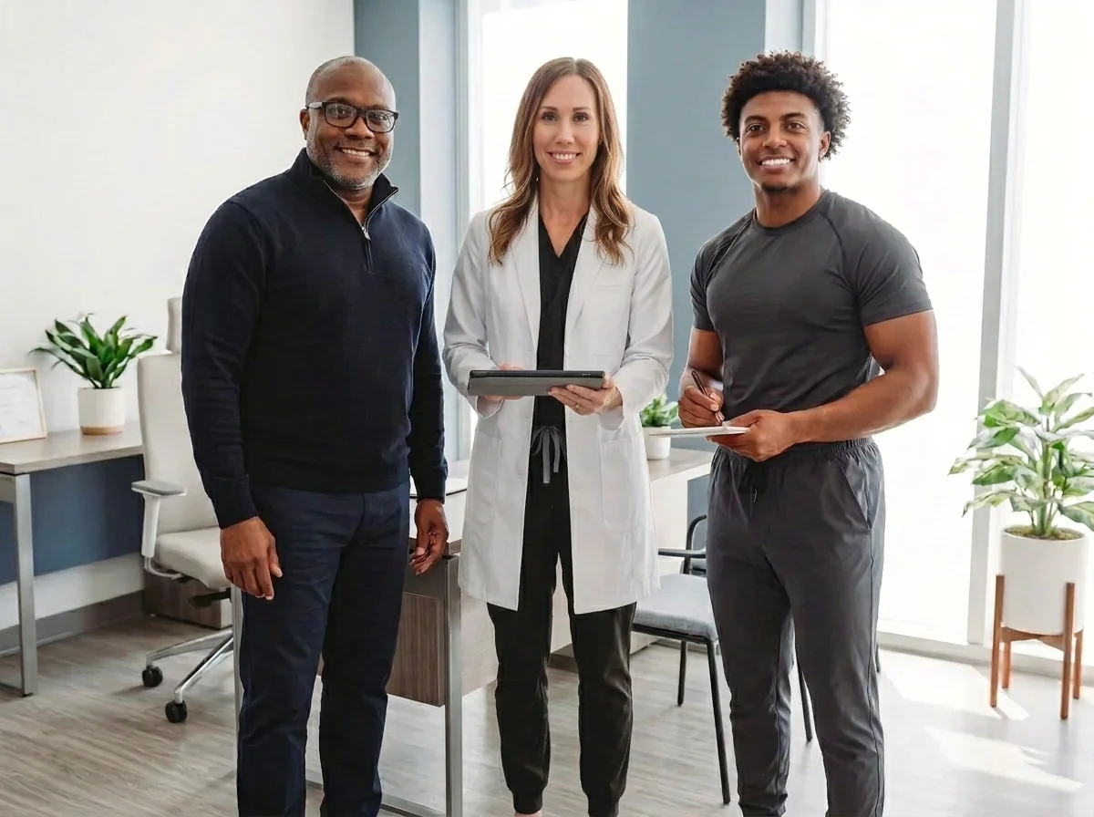 Coach Victor Davis, Dr. Jill Davis and Coach Ashton collaborating in the Victory Health & Wellness clinic