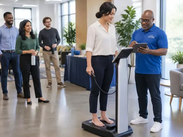 Employee reviewing a body composition measurement with Coach Victor Davis at a workplace assessment event