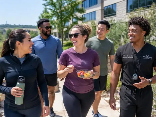 Coach Ashton Davis joining coworkers on an outdoor team walk with water and fresh fruit