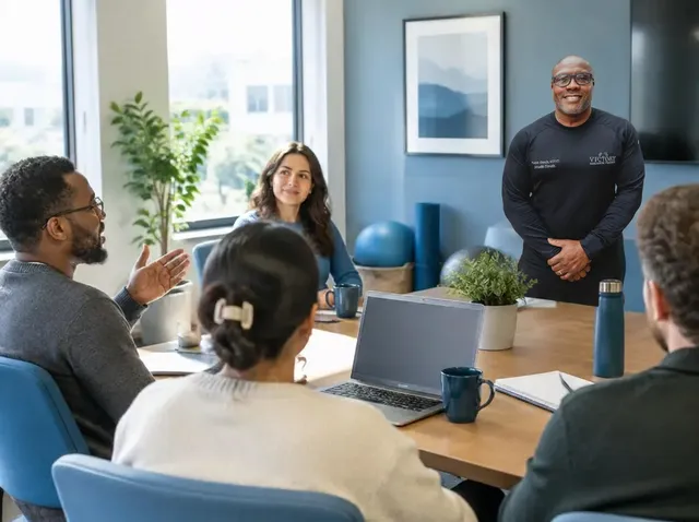 Coach Victor Davis leading employees through practical habits during a workplace wellness workshop