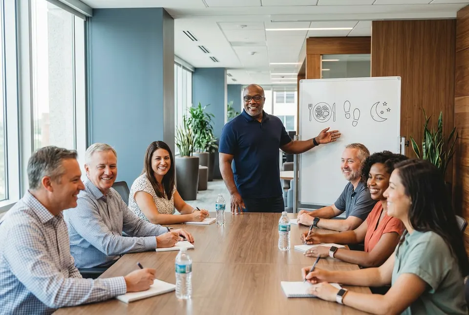Coach Victor Davis leading a workplace wellness workshop for a team of employees