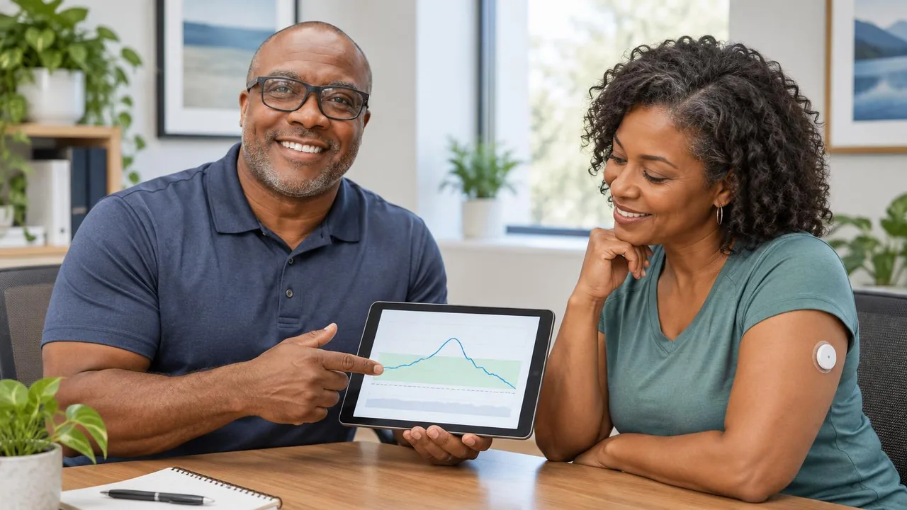 Coach Davis discussing a CGM graph on a tablet with an adult client wearing an upper-arm glucose sensor