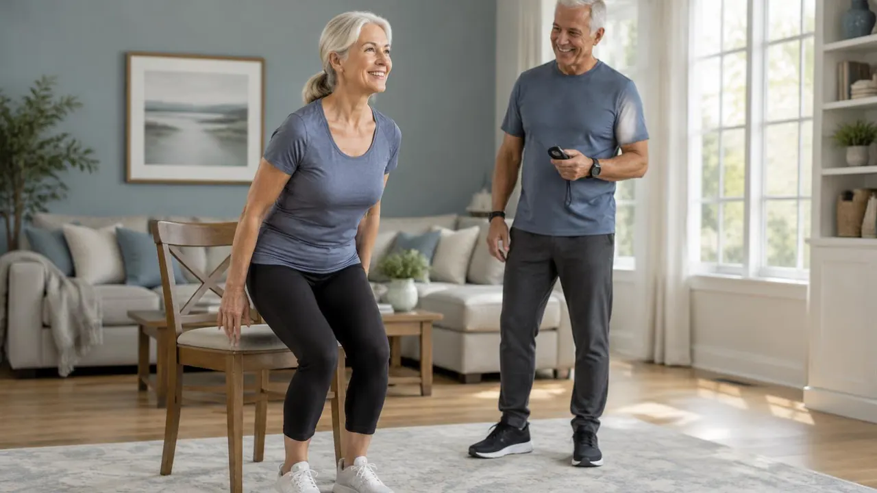 Woman in her 60s rising from a wooden chair at home while a partner times her with a stopwatch