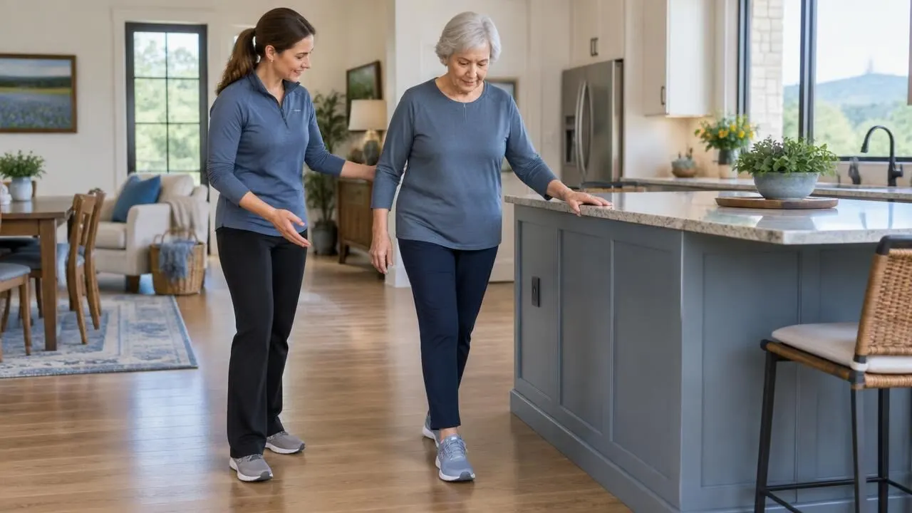 Older woman practicing a heel-to-toe balance walk beside a kitchen counter while a coach stands close for support