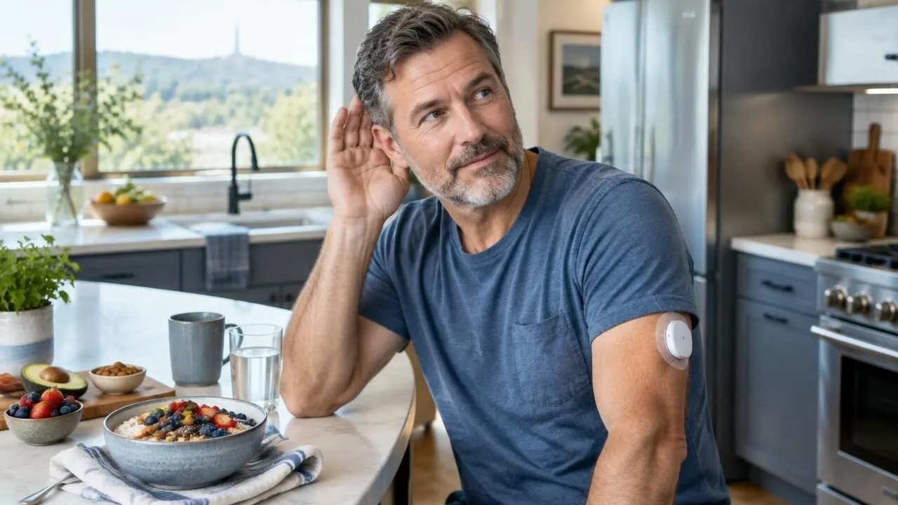 Man wearing a continuous glucose monitor cupping his ear to listen in a sunny kitchen with a whole-food breakfast