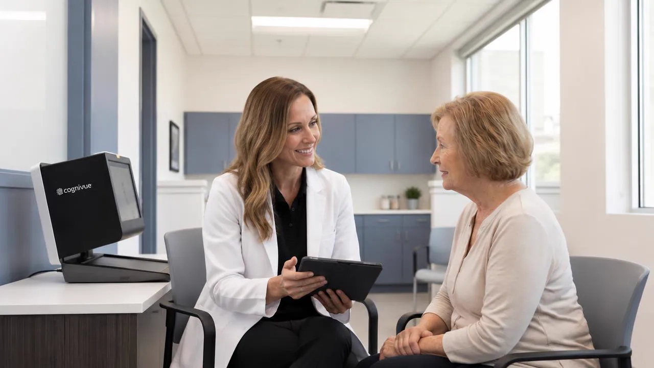 Dr. Jill Davis, Au.D., in a seated consultation with an older patient beside a Cognivue screening device