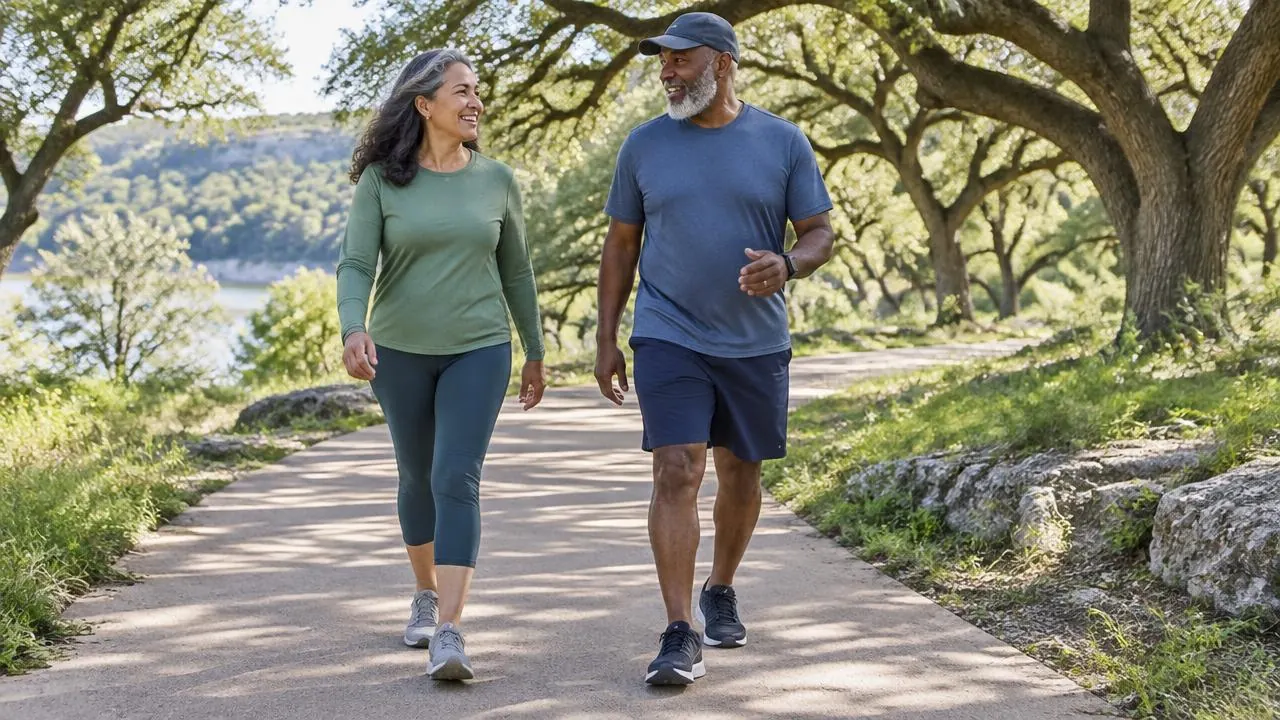 Two adults walking together on a paved park trail beneath live oak trees