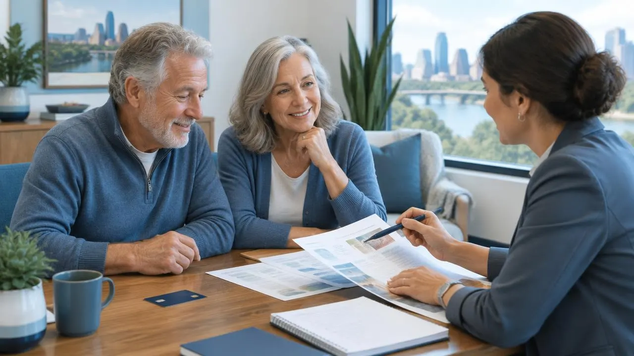 Older couple reviewing a wellness plan and paperwork with a health coach at a table in a bright Austin clinic
