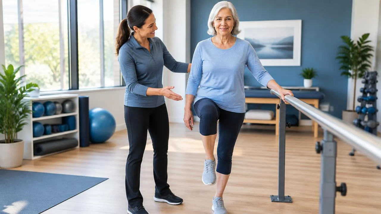 Coach guiding an older adult through a balance assessment in Austin, Texas