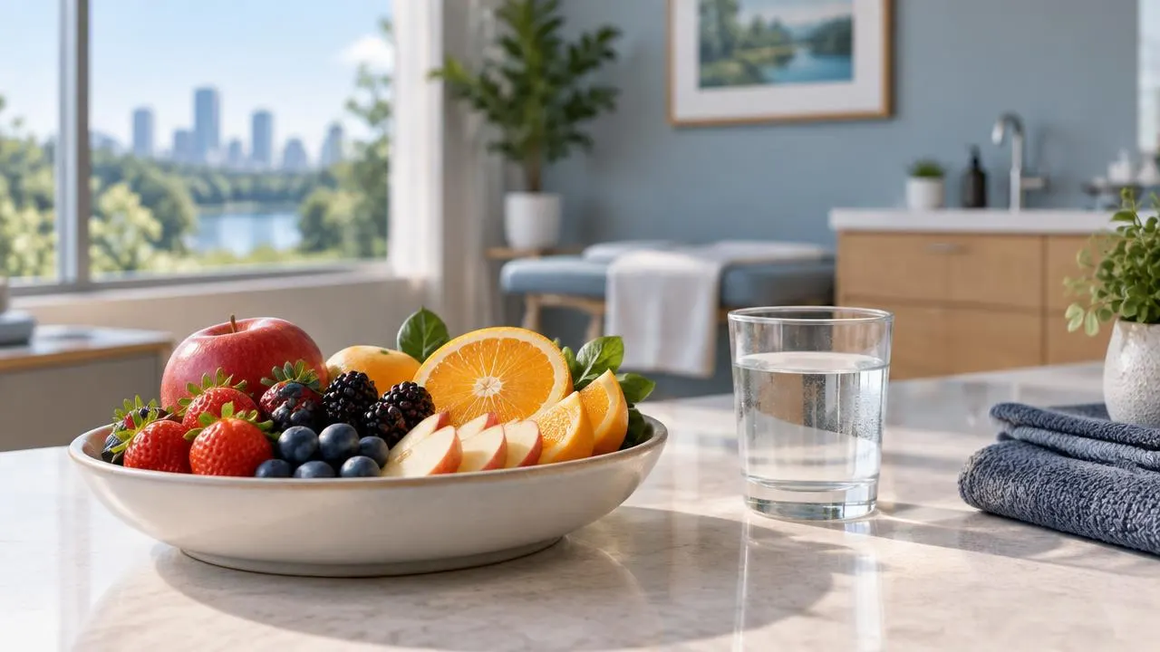 Bowl of fresh whole fruit and a glass of water on a counter in an Austin wellness clinic