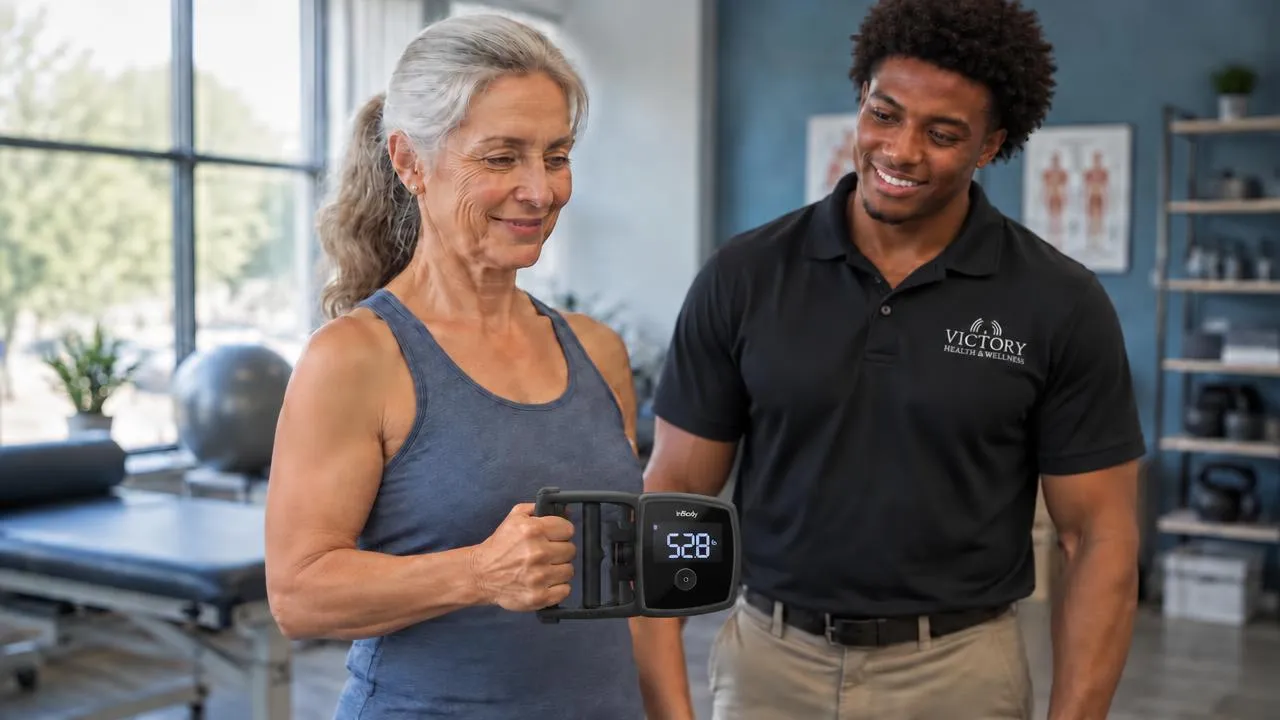 Adult in their 60s squeezing an InBody InGrip hand dynamometer during a strength check with a coach in a bright clinic