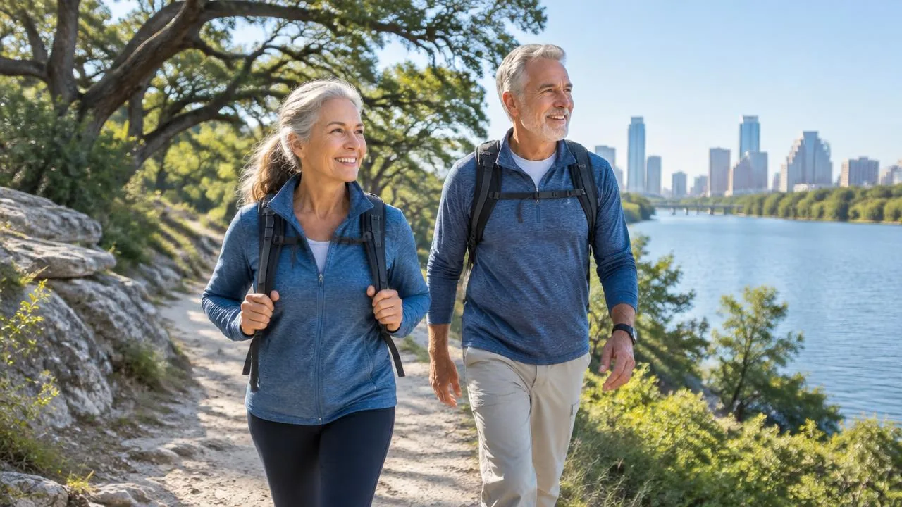 Coach guiding an older adult through a strength session in Austin, Texas