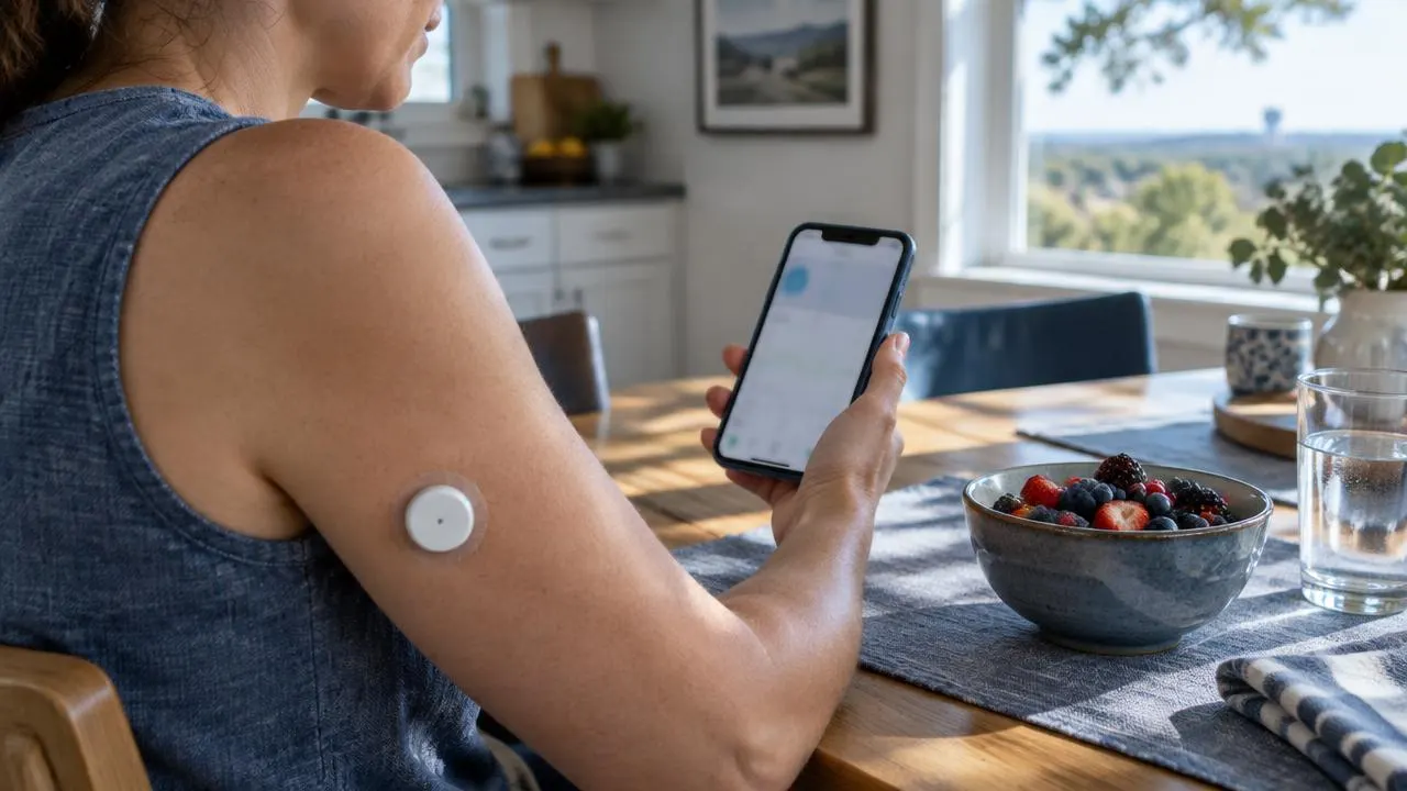 Adult wearing a continuous glucose monitor on the upper arm while checking a phone at a sunny kitchen table with berries and water