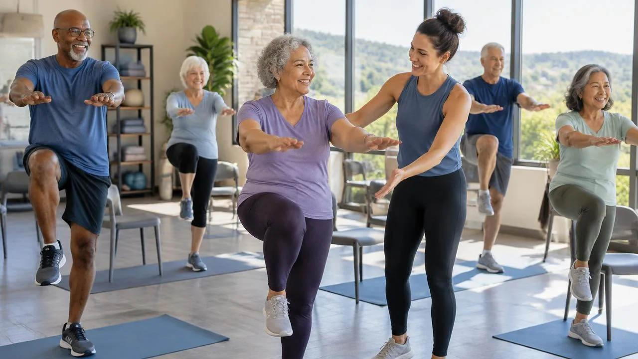 Older adults practicing supported balance movements with an instructor in a bright group fitness studio