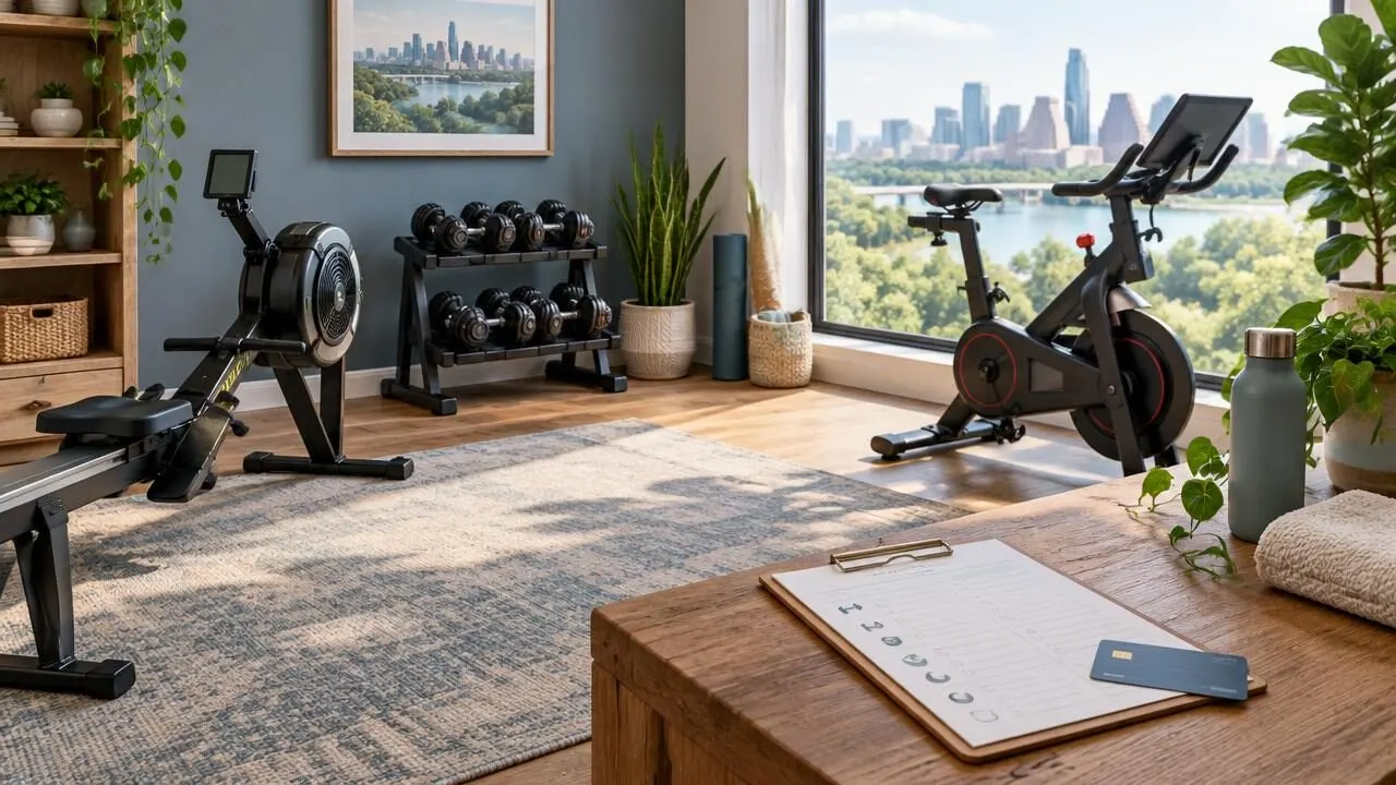Home fitness corner with a rowing machine, dumbbells and stationary bike beside an Austin skyline window
