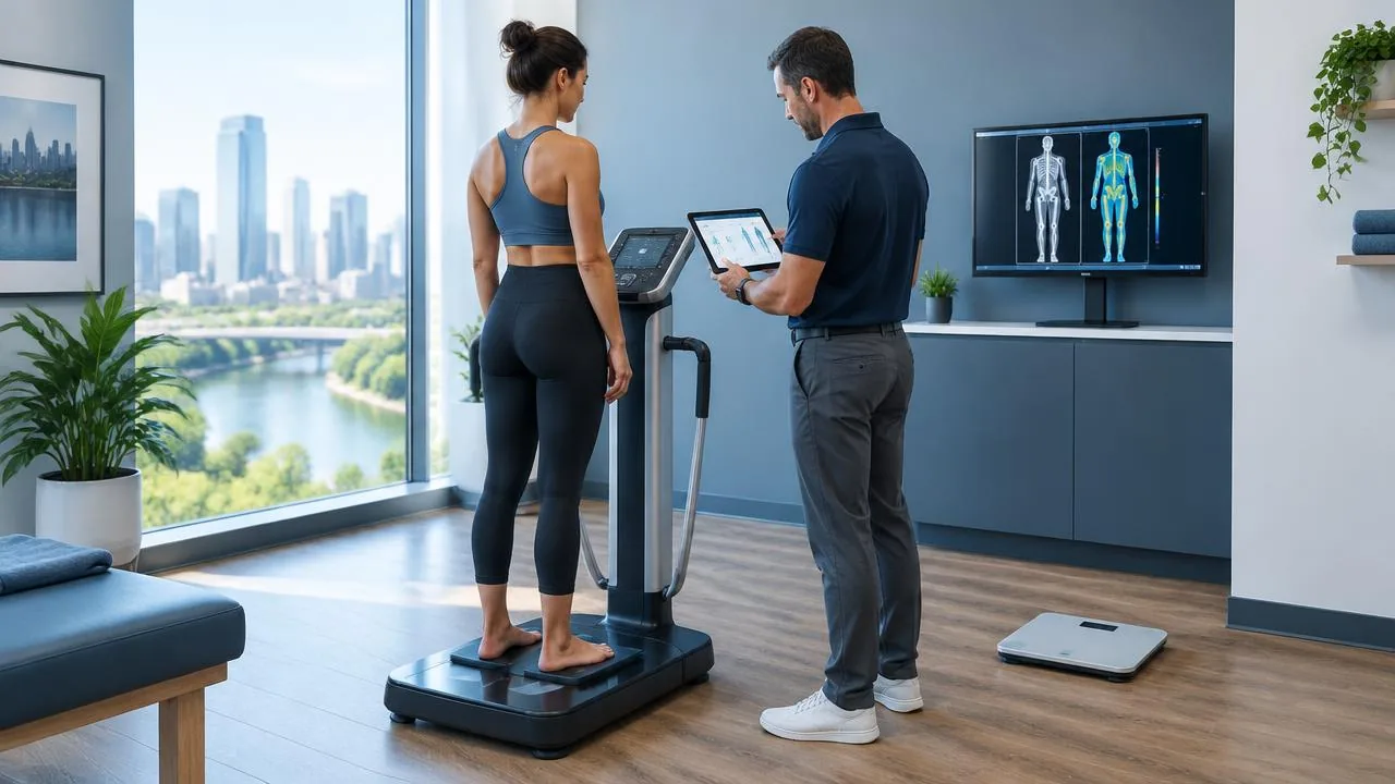 Body composition scan results being reviewed on screen at a wellness clinic in Austin, Texas