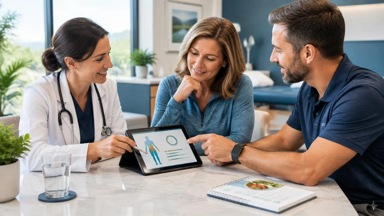 Provider and coach discussing a weight loss plan with a client in Austin, Texas