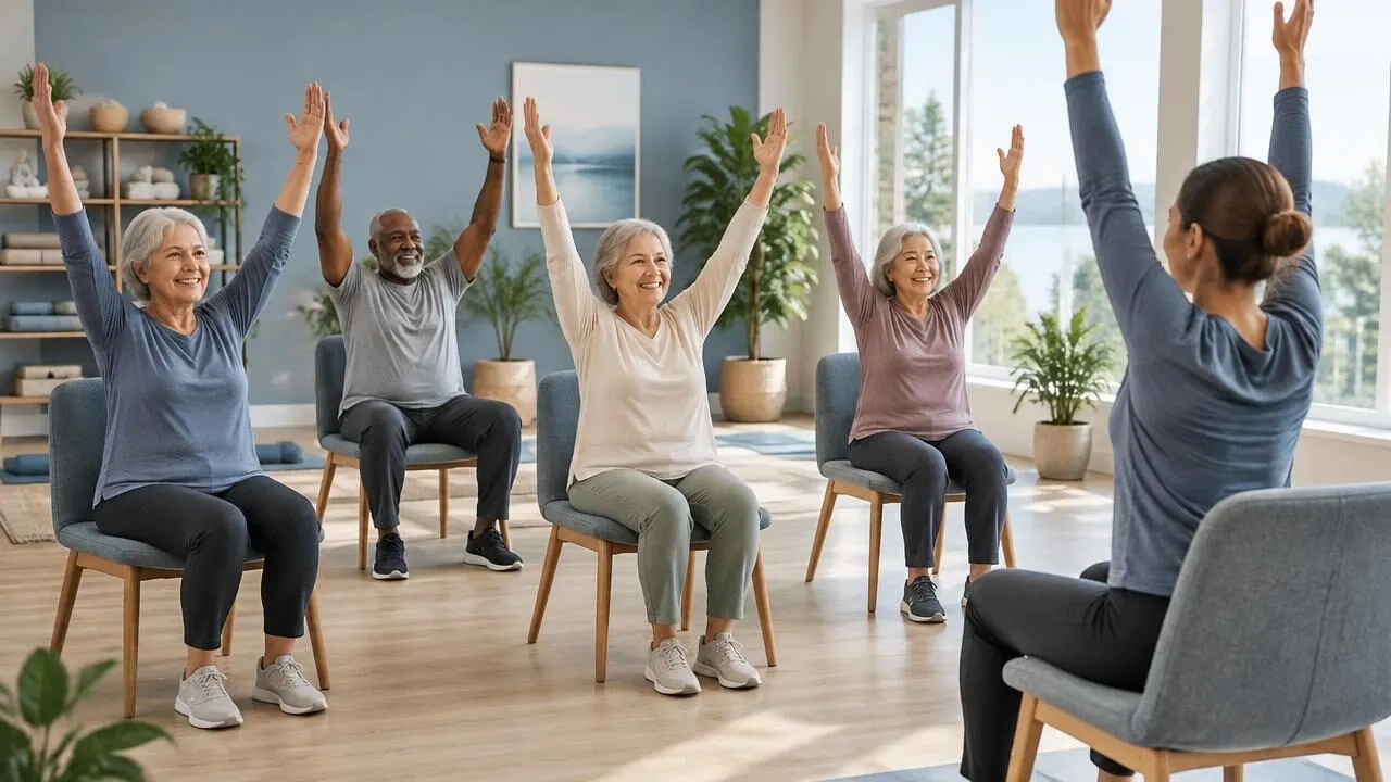 Older adults smiling as they raise their arms during a seated chair yoga class in a bright studio