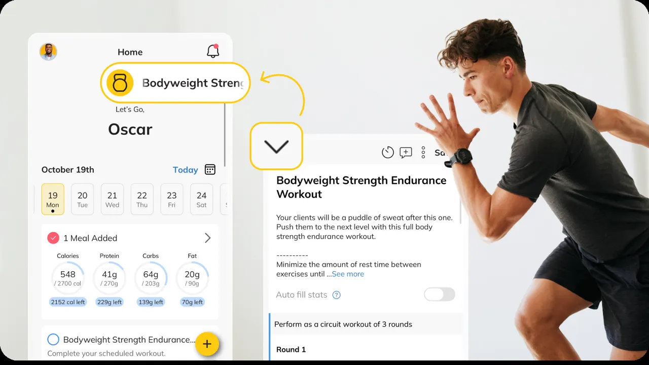 Victory Coaching App screen showing an active workout minimized while a client checks the home screen
